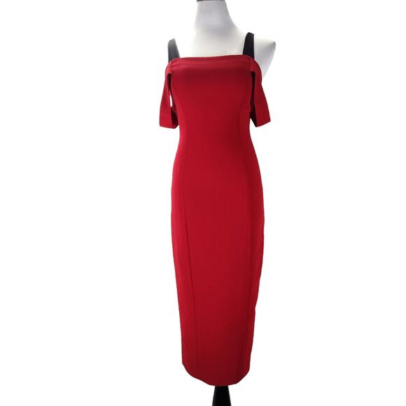 Cinq a Sept Nova Red Midi Dress Size 2 Off The Shoulder Fitted Sheath